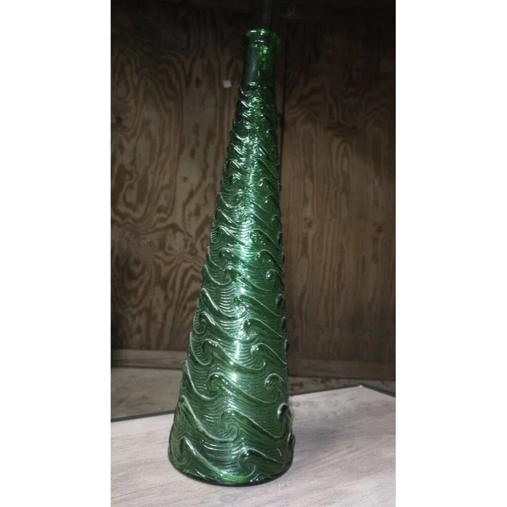 VINTAGE Empoli Glass Genie Bottle GREEN Wave Vase Italy 15.5” MCM
